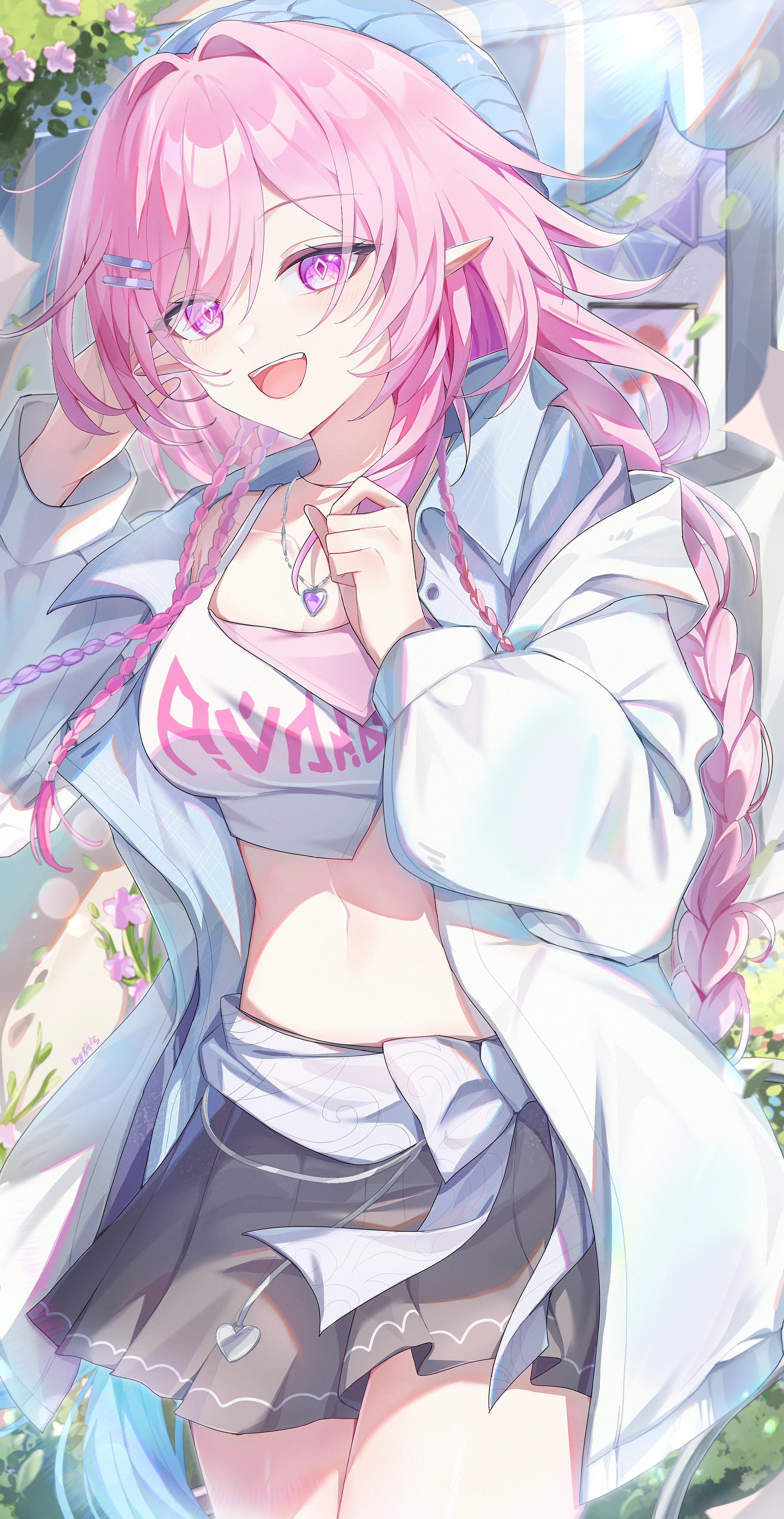 zixi, cyrene (honkai: star rail), cyrene (ripples of past reverie) (honkai: star rail), honkai: star rail, honkai (series), absurdres, chinese commentary, commentary request, highres, 1girl, blue hat, breasts, cowboy shot, crop top, cyrene (nylon japan) (honkai: star rail), diamond-shaped pupils, diamond (shape), grey skirt, hair ornament, hairclip, hands up, hat, heart, heart necklace, jacket, jewelry, large breasts, looking at viewer, navel, necklace, official alternate costume, open mouth, parallel hairclips, pointy ears, shirt, sidelocks, skirt, smile, solo, stomach, symbol-shaped pupils, thighs, white jacket, white shirt