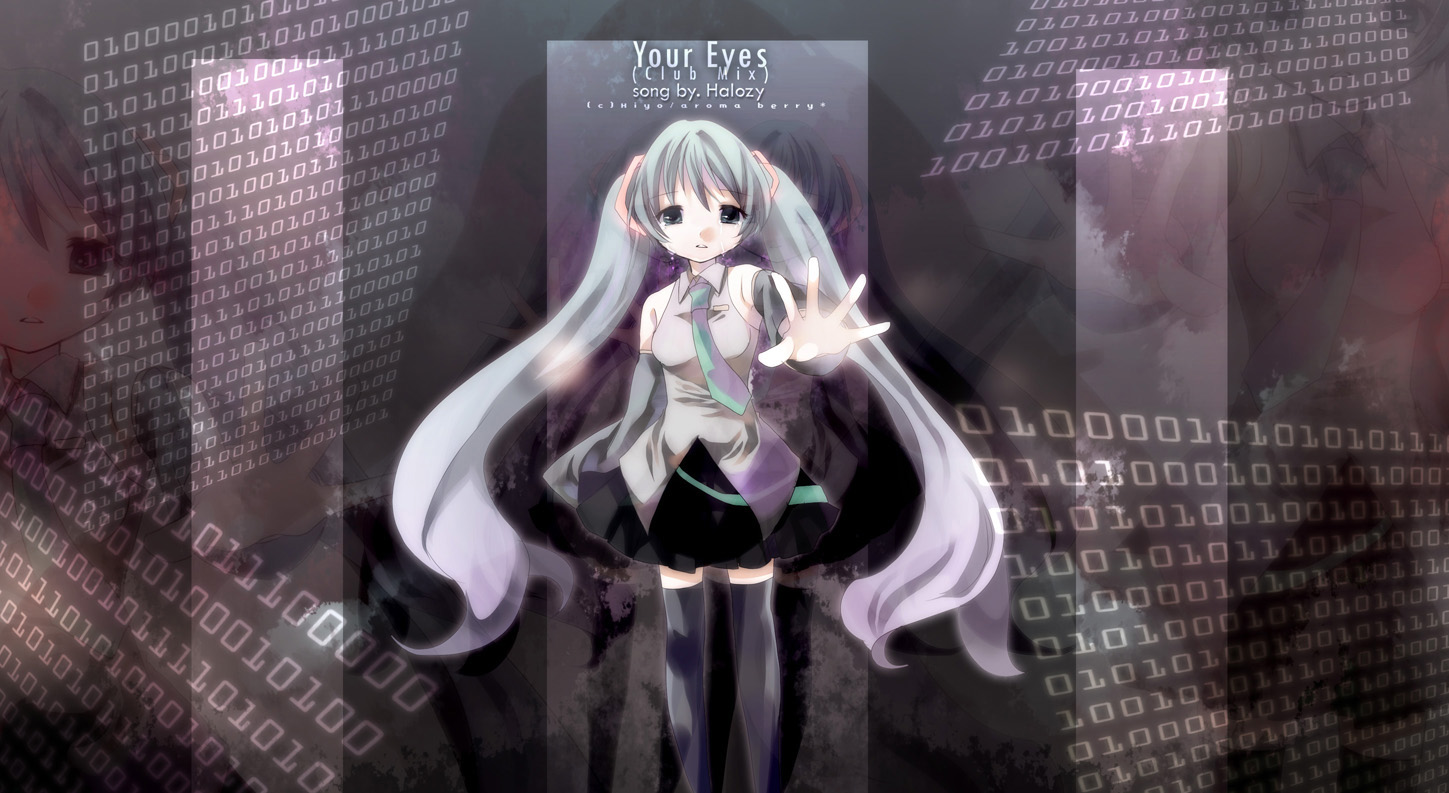 hiyo (aroma berry), hatsune miku, vocaloid, 1girl, aqua eyes, aqua hair, detached sleeves, female focus, hiyo (pixiv867545), long hair, necktie, skirt, solo, tears, thighhighs, twintails, zettai ryouiki