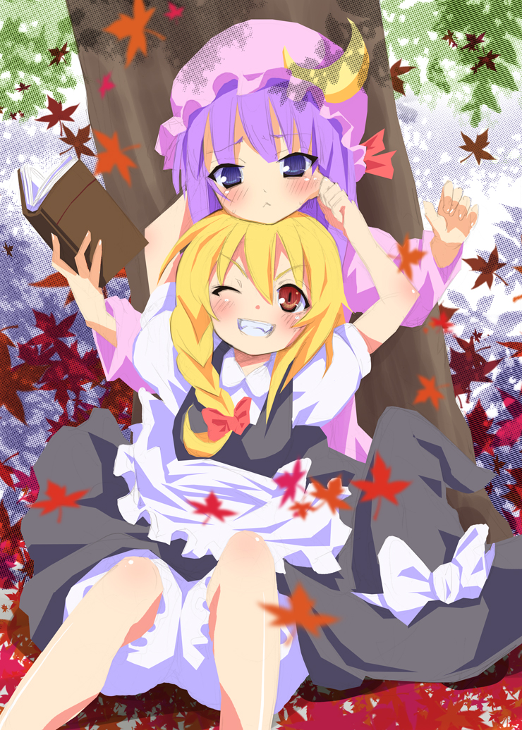 kishiri toworu, miyao ryuu, kirisame marisa, patchouli knowledge, touhou, 2girls, :<, autumn, autumn leaves, blonde hair, bloomers, book, braid, falling leaves, female focus, hat, leaf, long hair, mob cap, multiple girls, one eye closed, purple eyes, purple hair, short hair, sitting, underwear, unworn hat, unworn headwear, v-shaped eyebrows, very long hair, white bloomers, wink, witch, witch hat, yellow eyes