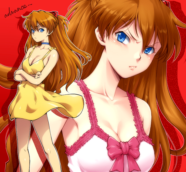 hairu, souryuu asuka langley, neon genesis evangelion, rebuild of evangelion, 00s, 1girl, angry, armpits, bare shoulders, bow, breasts, brown hair, casual, cleavage, collarbone, crossed arms, dress, dual persona, female focus, frown, long hair, red background, standing, tsundere, yellow dress