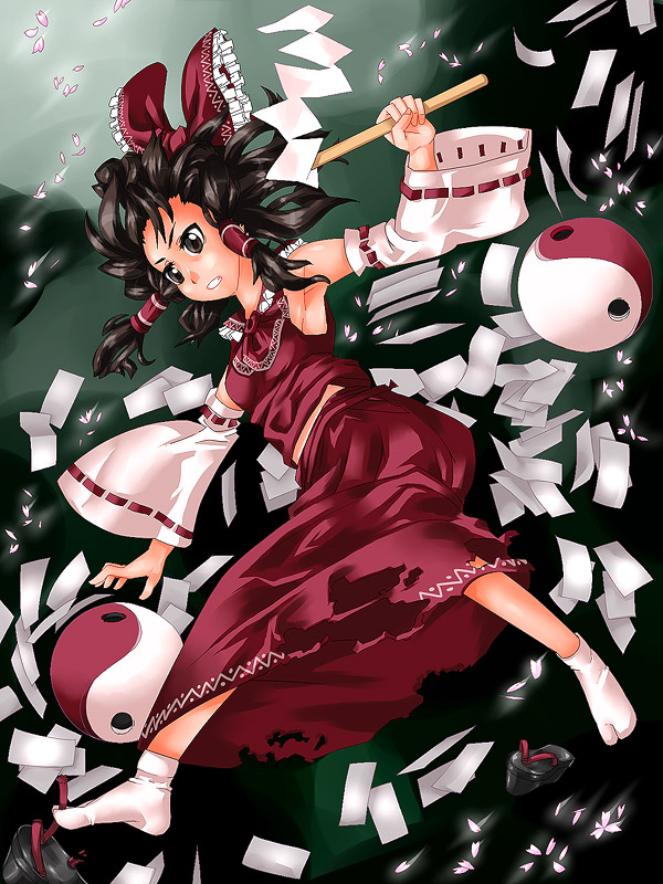 hakurei reimu, yoshinon, touhou, bad id, bad pixiv id, 1girl, bow, brown eyes, brown hair, clog sandals, detached sleeves, female focus, full body, gohei, gradient background, hair bow, japanese clothes, miko, ofuda, okobo, platform sandals, sandals, short hair, solo, yin yang