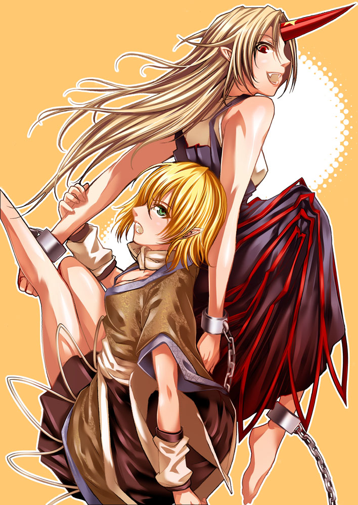 sumi (joker), hoshiguma yuugi, mizuhashi parsee, touhou, 2girls, ankle cuffs, arm warmers, barefoot, blonde hair, chain, female focus, green eyes, horns, long hair, multiple girls, pointy ears, red eyes, scarf, short hair, single horn
