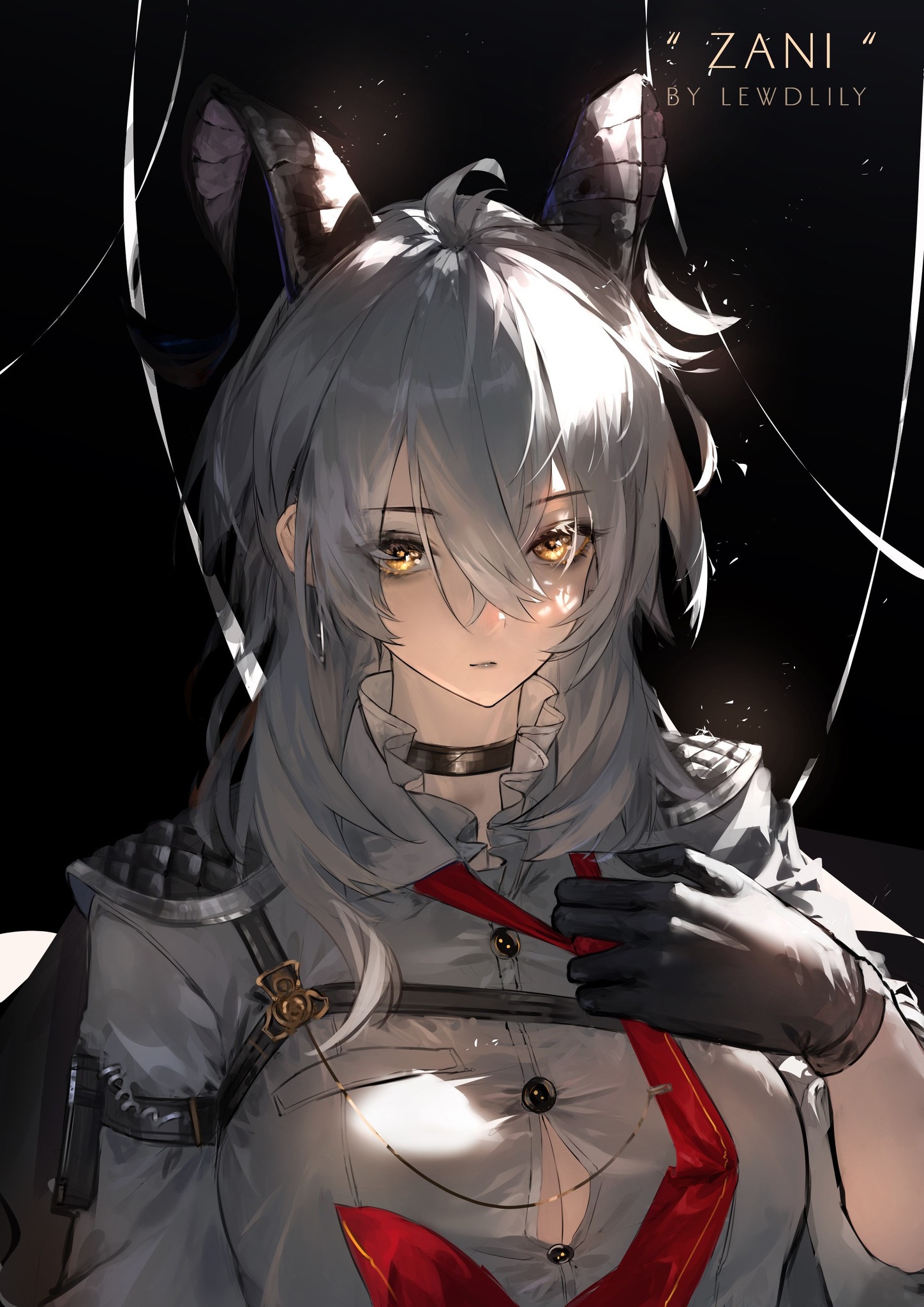 lewdlily66, zani (wuthering waves), wuthering waves, commentary, english commentary, highres, 1girl, adjusting clothes, adjusting necktie, arm pouch, artist name, black background, black choker, black gloves, black horns, black jacket, breasts, button gap, character name, chest harness, choker, closed mouth, clothes grab, collared shirt, curled horns, gloves, harness, horns, jacket, jacket on shoulders, large breasts, long hair, looking at viewer, necktie, pouch, red necktie, shirt, solo, upper body, white hair, white shirt, yellow eyes