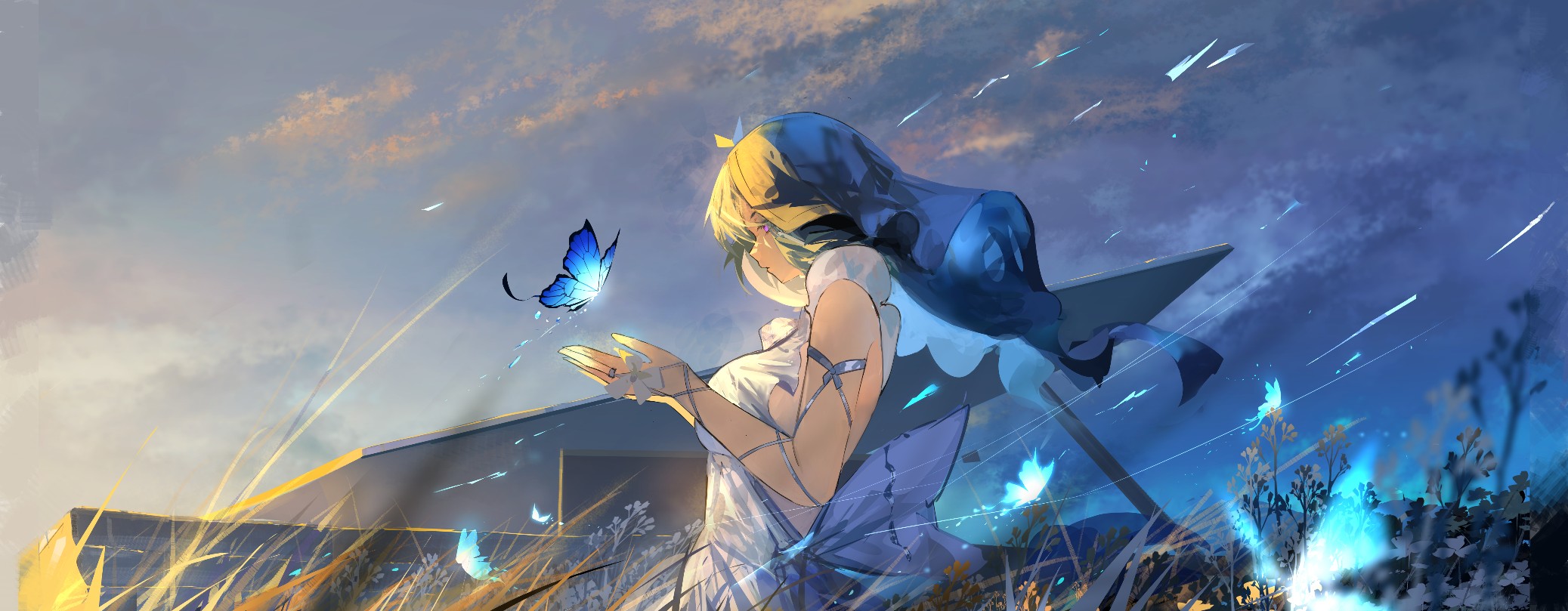lewdlily66, shorekeeper (wuthering waves), wuthering waves, commentary, english commentary, highres, textless version, 1girl, armlet, artist name, bare shoulders, blue butterfly, blue veil, bug, building, butterfly, character name, cloud, dress, grass, insect, jewelry, outdoors, purple eyes, silver armlet, sky, solo, two-tone veil, veil, white dress, white veil