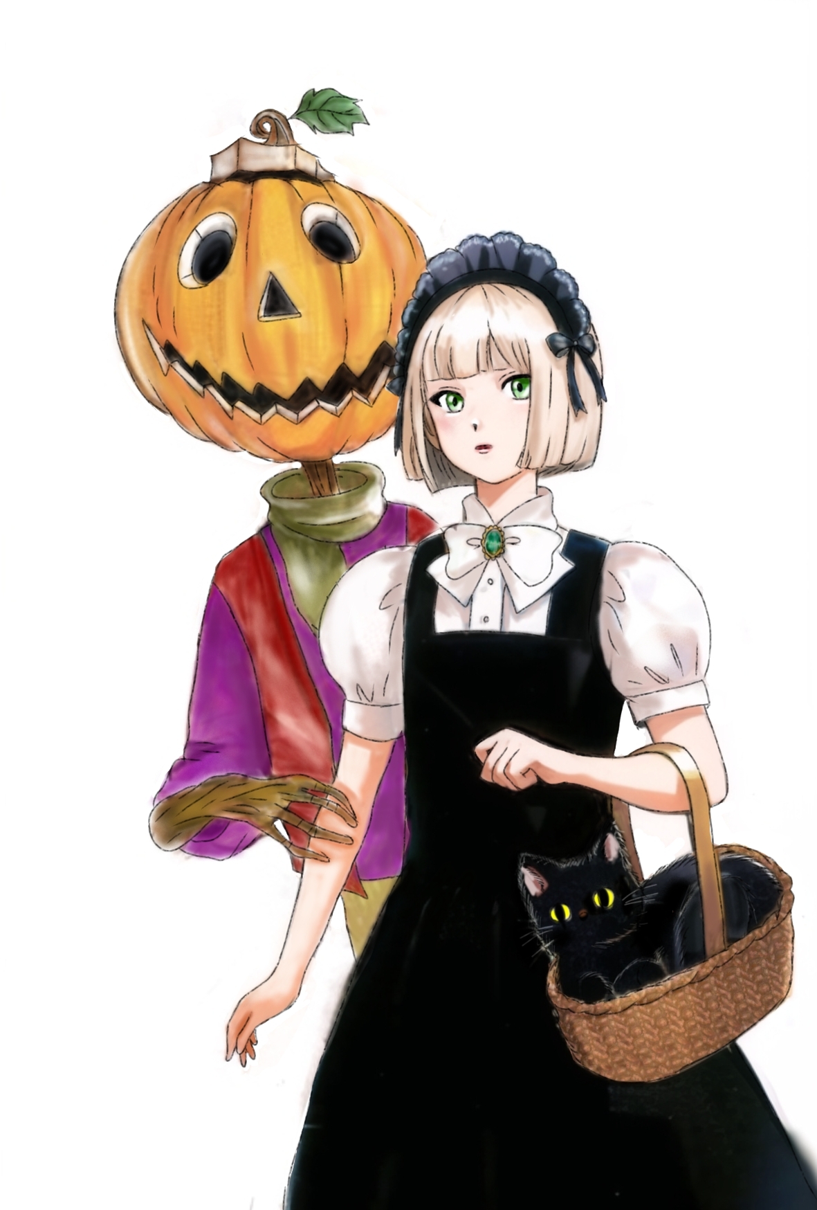 jack pumpkinhead, return to oz, commentary request, highres, 1boy, 1girl, basket, black cat, black dress, black headdress, blonde hair, bow, bowtie, brooch, buttons, cat, collared shirt, dress, gem, green eyes, green gemstone, holding, holding basket, jewelry, m0luvs7chloe1, multicolored shirt, open mouth, ozma (oz), pumpkin head, shirt, short hair, short sleeves, white bow, white bowtie, white shirt, yellow eyes