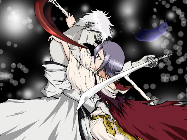 xruka, dark rukia, hollow ichigo, kuchiki rukia, kurosaki ichigo, shirosaki hichigo, bleach, bleach: fade to black, bad id, bad pixiv id, 1boy, 1girl, black sclera, cape, colored sclera, colored skin, couple, grin, hetero, holding, japanese clothes, miko embrace, off shoulder, parody, purple eyes, purple hair, scythe, short hair, smile, sword, weapon, white hair, white skin, yellow eyes