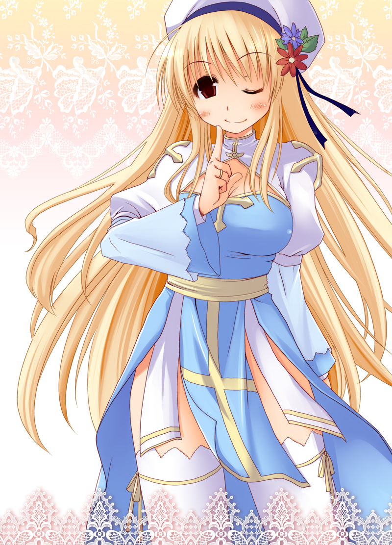 theta (ponkotsu works), arch bishop (ragnarok online), high priest (ragnarok online), ragnarok online, bad id, bad pixiv id, 1girl, beret, blonde hair, blush, breasts, brown eyes, female focus, flower, hat, long hair, one eye closed, solo, thighhighs, very long hair, wink
