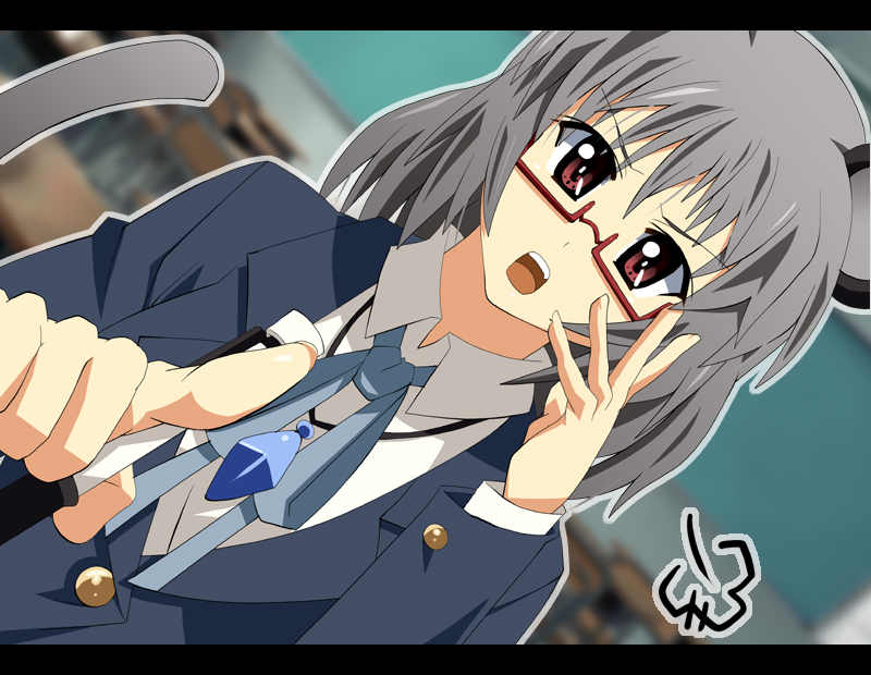shin'ya (nanp), manabe nodoka, nazrin, k-on!, touhou, 1girl, animal ears, bespectacled, black hair, cosplay, female focus, glasses, manabe nodoka (cosplay), mouse ears, mouse tail, red-framed eyewear, school uniform, semi-rimless eyewear, solo, tail, under-rim eyewear