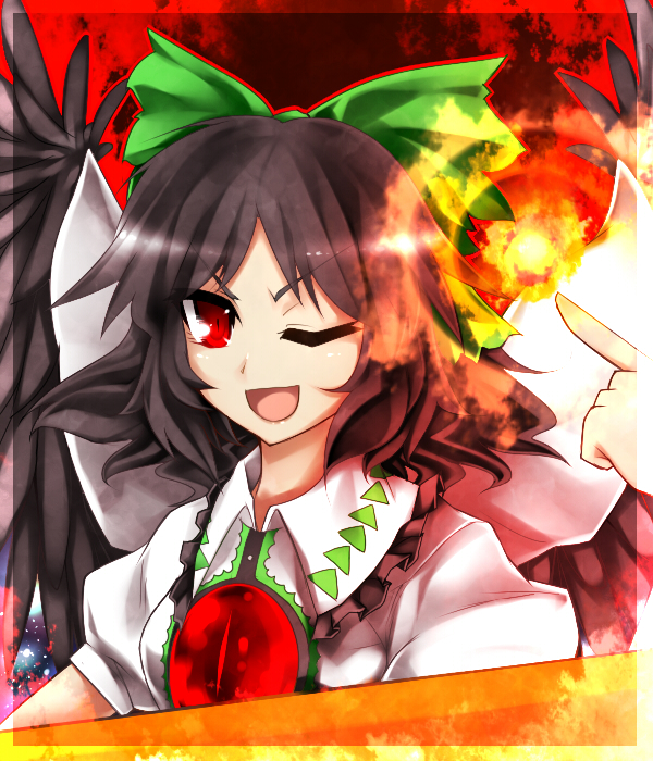 kazetto, reiuji utsuho, touhou, 1girl, black hair, bow, female focus, long hair, red eyes, solo, upper body, wings