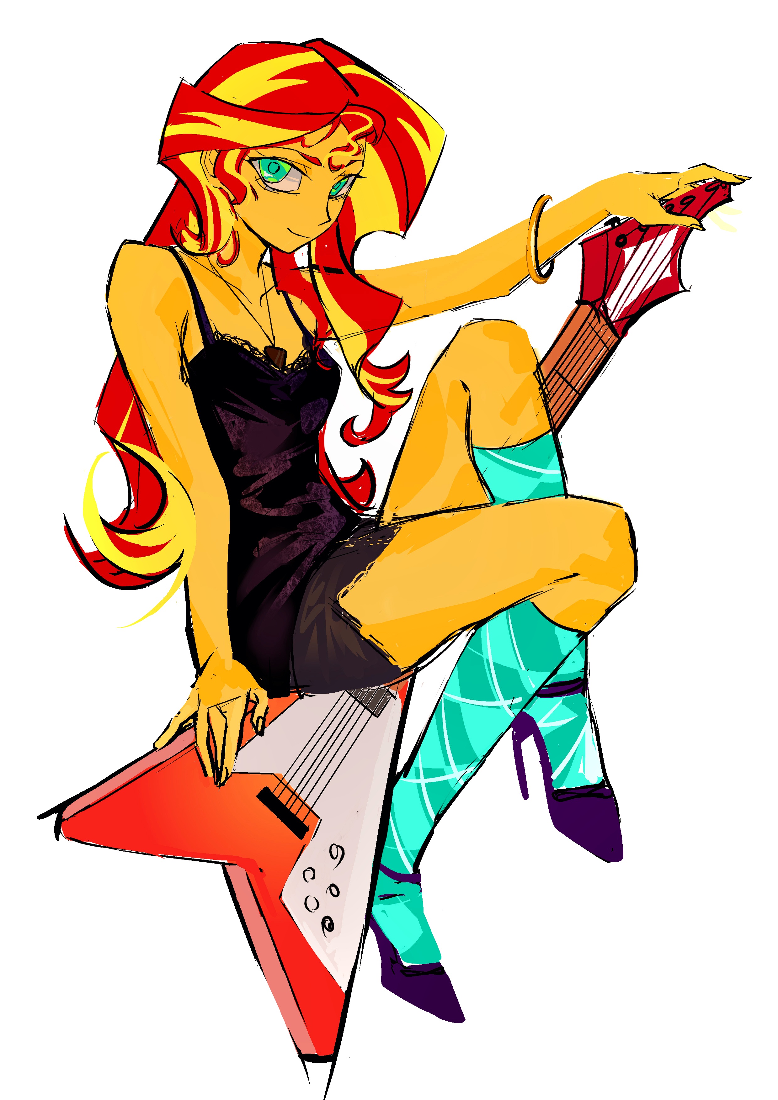 qianjibahe, sunset shimmer, sunset shimmer (human), my little pony, my little pony: equestria girls, my little pony: friendship is magic, absurdres, hashtag-only commentary, highres, 1girl, aqua eyes, aqua socks, argyle clothes, argyle socks, arm at side, arm support, bare arms, bare shoulders, black dress, blonde hair, breasts, closed mouth, collarbone, colored skin, dress, fingernails, full body, guitar, hair between eyes, hand up, high heels, holding, holding guitar, holding instrument, instrument, jewelry, knee up, kneehighs, lace, lace-trimmed dress, lace trim, long hair, looking at viewer, multicolored hair, necklace, orange skin, outstretched arm, purple shoes, red hair, shoes, short dress, simple background, sitting, sleeveless, sleeveless dress, small breasts, smile, socks, solo, spaghetti strap, streaked hair, two-tone hair, very long hair, wavy hair, white background