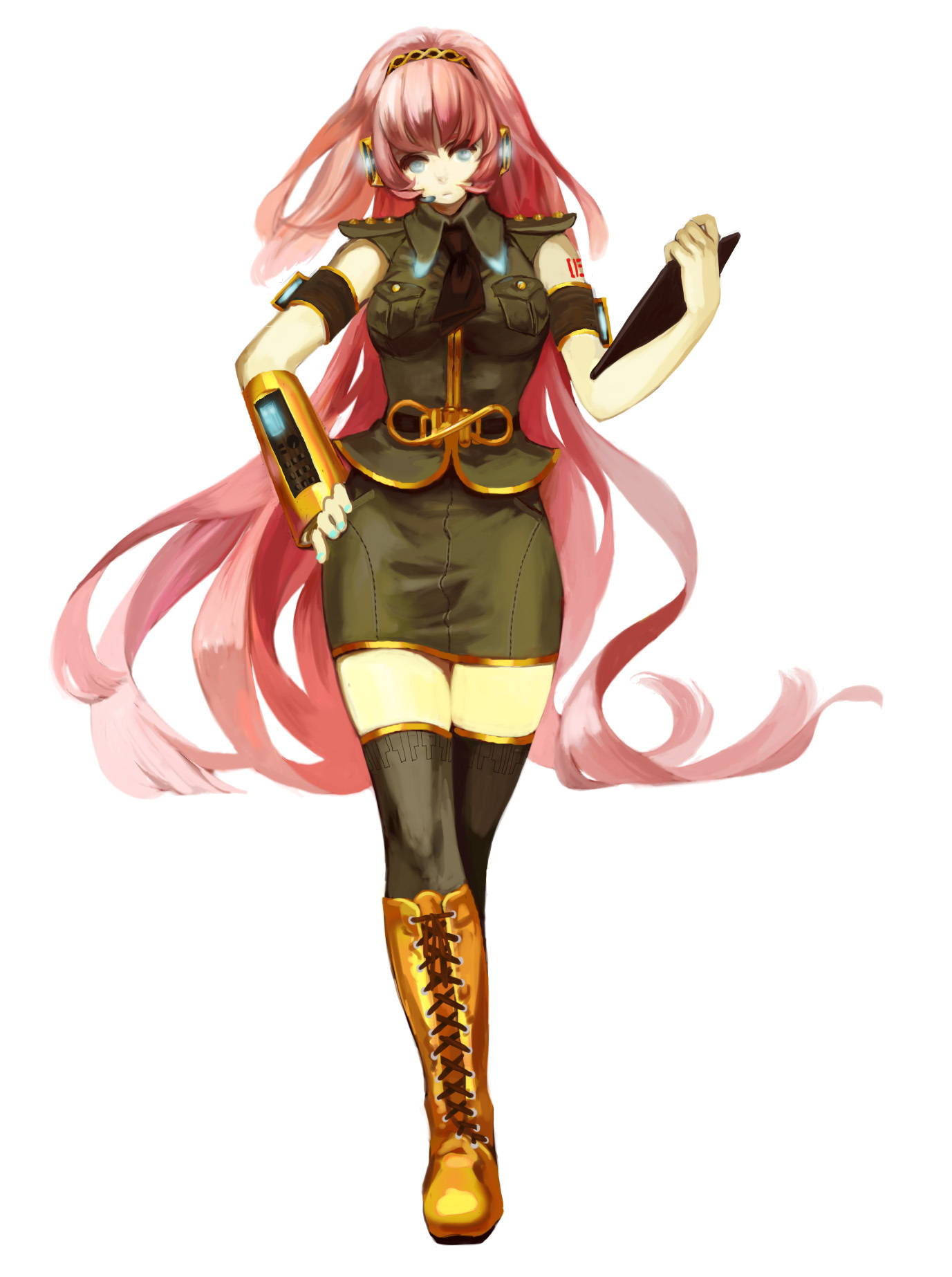 deri (dericom), megurine luka, vocaloid, highres, aqua eyes, boots, clipboard, full body, long hair, pink hair, simple background, skirt, solo, standing, thighhighs, very long hair, zettai ryouiki