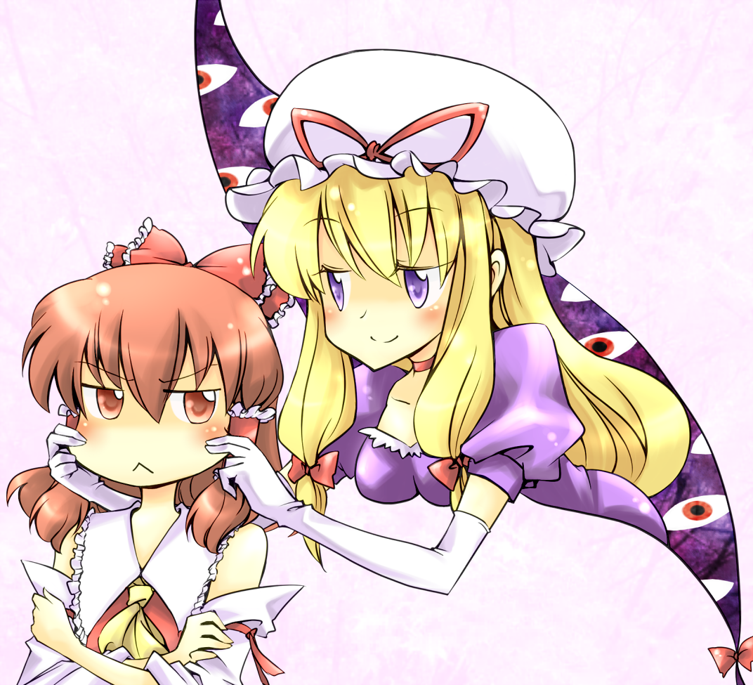 hana azuki, hakurei reimu, yakumo yukari, touhou, 2girls, :<, blonde hair, bow, brown hair, cheek pinching, detached sleeves, elbow gloves, female focus, gap (touhou), gloves, hair ribbon, hat, japanese clothes, long hair, miko, multiple girls, pinching, purple eyes, red eyes, ribbon, short hair, white gloves