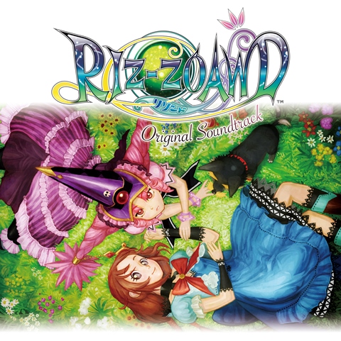 dorothy gale, dorothy gale (riz-zoawd), toto (the wizard of oz), riz-zoawd, the wizard of oz, official art, 2girls, blue dress, bow, bowtie, dog, dress, field, flower, flower field, grass, hat, long hair, looking at viewer, lying, multiple girls, on back, on stomach, pink hair, red bow, red bowtie, red eyes, red hair, twintails, witch, witch hat