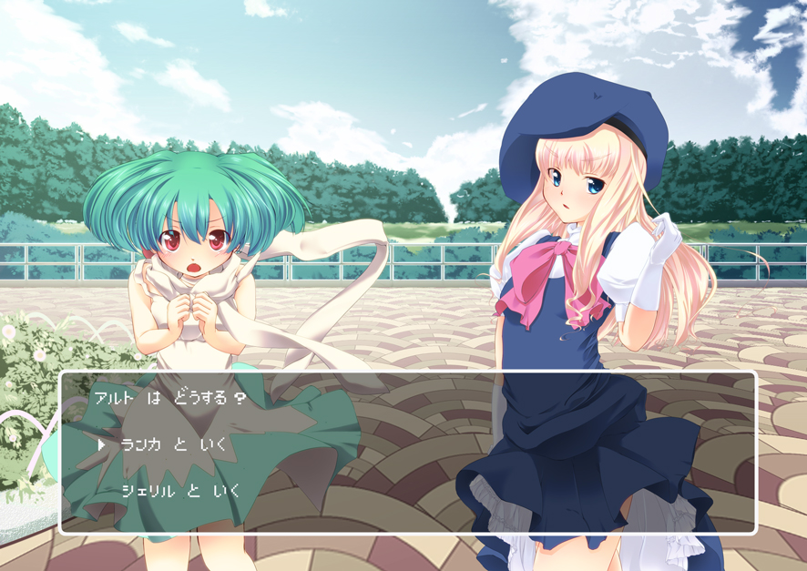 komachi (natsu), komattsu, ranka lee, sheryl nome, macross, macross frontier, translated, 00s, 2girls, blonde hair, blue eyes, choice, fake screenshot, green hair, long hair, multiple girls, red eyes, visual novel