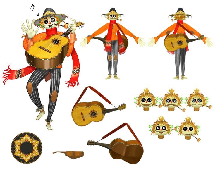 scarecrow (the wizard of oz), riz-zoawd, the wizard of oz, concept art, official art, 1girl, baggy pants, guitar, hat, instrument, music, musical note, pants, red scarf, scarecrow, scarf, smoking pipe, striped clothes, striped pants, t-pose, white background