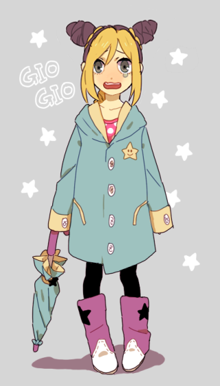 chikori, chikori (pixiv354721), kuujou jolyne, jojo no kimyou na bouken, stone ocean, bad id, bad pixiv id, 1girl, aged down, black eyes, black hair, black pantyhose, blonde hair, boots, closed umbrella, colored bangs, cone hair bun, double bun, female focus, hair bun, multicolored hair, pantyhose, polka dot, raincoat, rubber boots, solo, star (symbol), tears, two-tone hair, umbrella