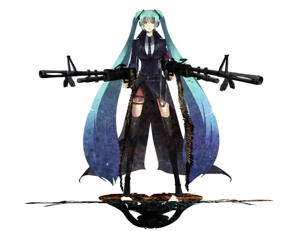 nicole pmonachi, hatsune miku, vocaloid, 1girl, aqua eyes, aqua hair, dual wielding, female focus, gun, holding, jacket, long hair, m60 (machine gun), machine gun, necktie, rifle, solo, thighhighs, twintails, very long hair, weapon, zettai ryouiki
