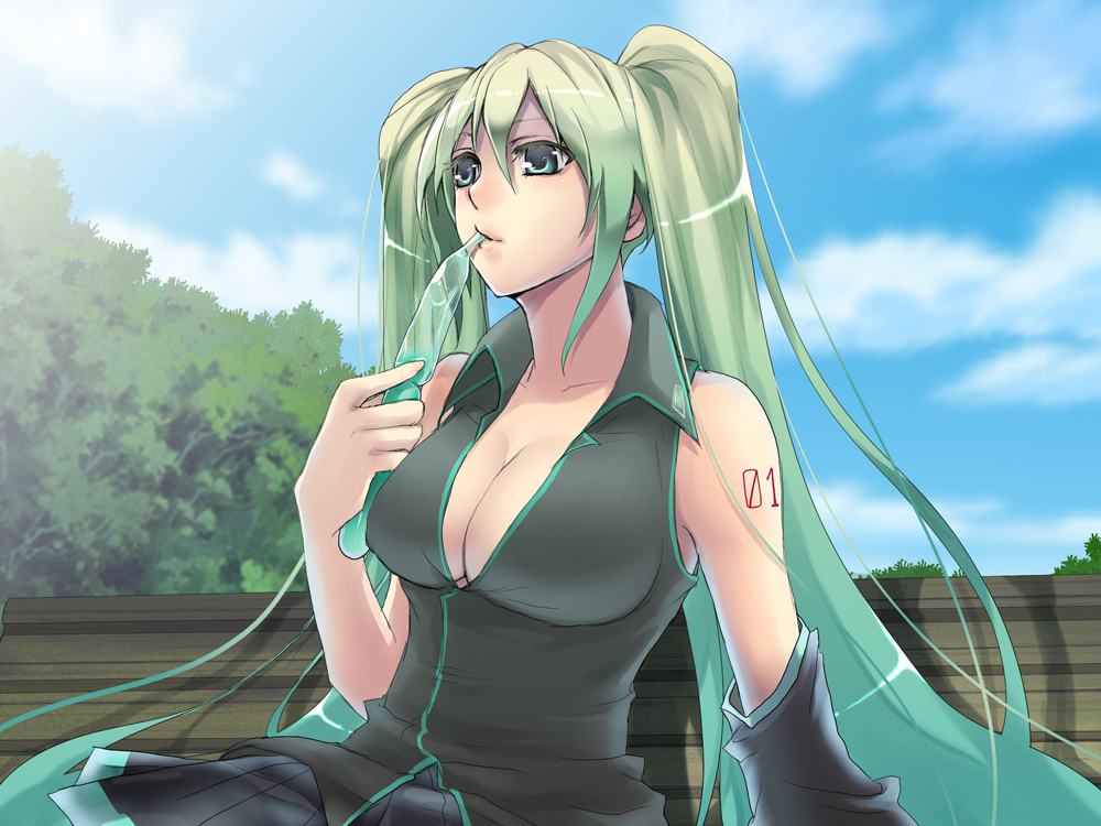 nicole pmonachi, hatsune miku, vocaloid, 1girl, aqua eyes, aqua hair, breasts, cleavage, female focus, ice, large breasts, long hair, nature, outdoors, sitting, skirt, sky, solo, tupet, twintails, very long hair