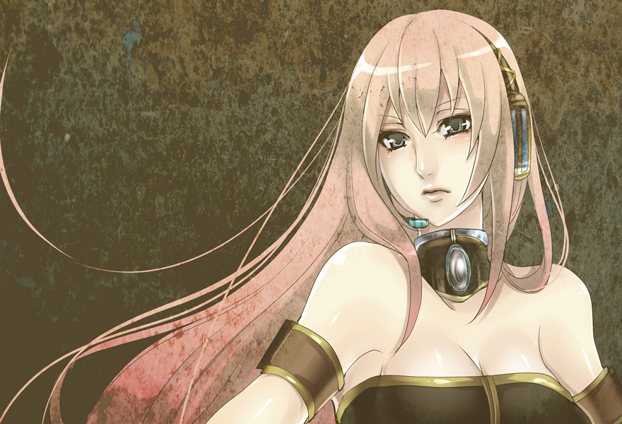 nicole pmonachi, megurine luka, vocaloid, 1girl, blue eyes, breasts, cleavage, female focus, headphones, headset, long hair, pink hair, solo