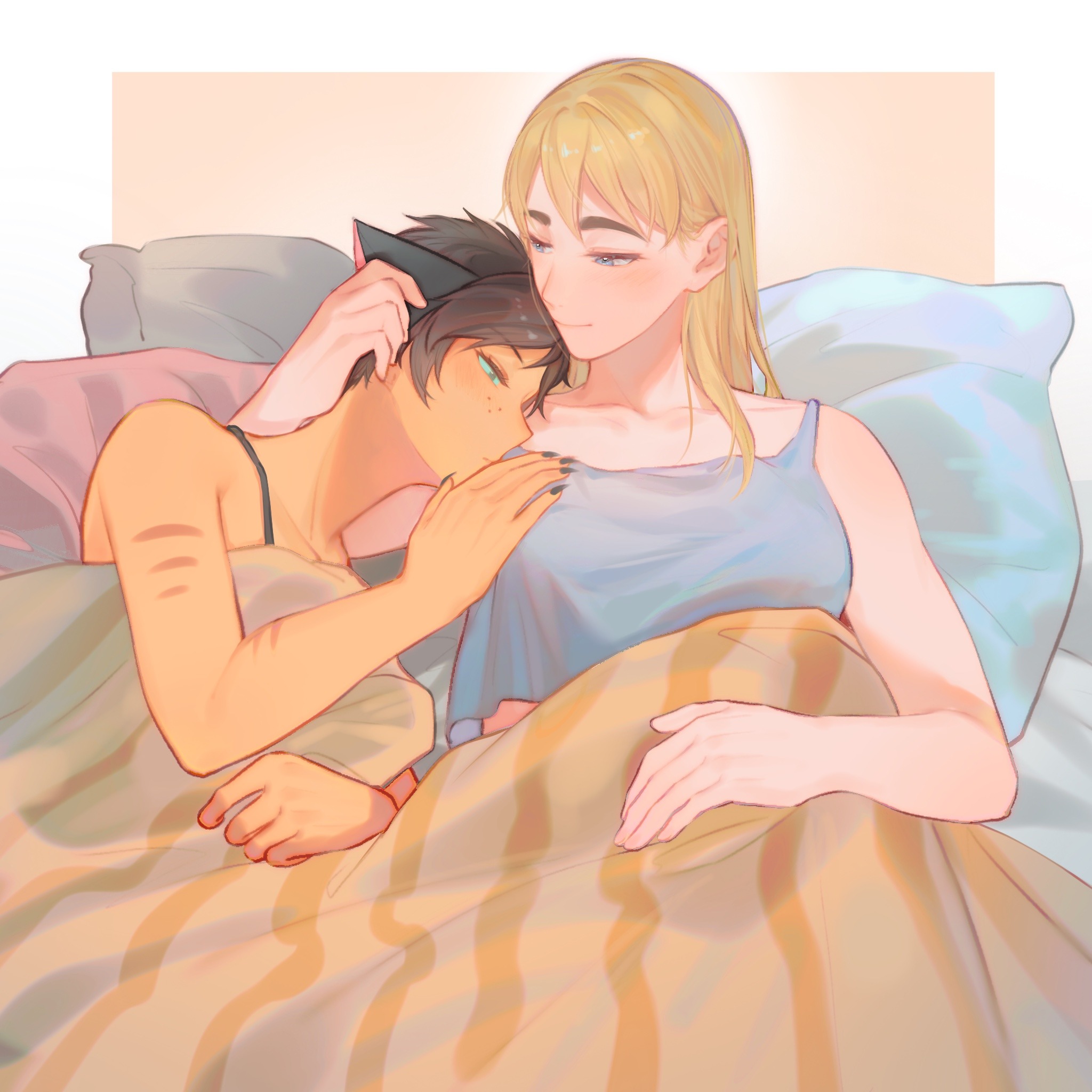 youliqy, adora (she-ra), catra, masters of the universe, she-ra and the princesses of power, commentary, english commentary, highres, 2girls, animal ears, bed, blanket, cat ears, cat girl, couple, crop top, cuddling, freckles, hand on another's head, head on pillow, looking at another, multiple girls, pillow, shared bed, smile, striped skin, under covers, yuri