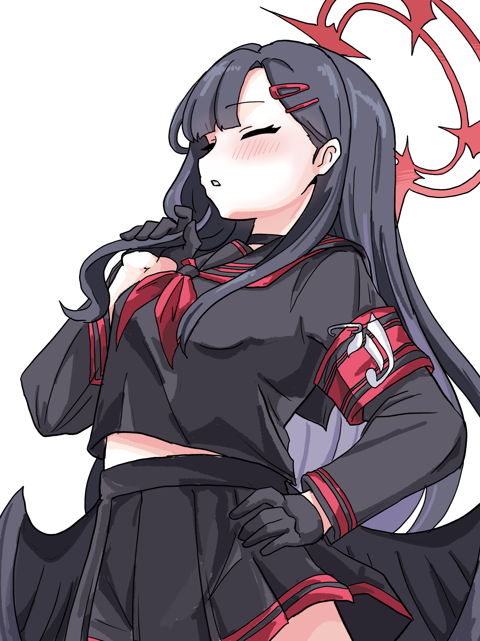 tachikaze miyako, ichika (blue archive), blue archive, highres, 1girl, armband, black choker, black gloves, black hair, black sailor collar, black serafuku, black shirt, black skirt, black wings, blunt bangs, blush, breasts, choker, closed eyes, cowboy shot, cropped shirt, feathered wings, gloves, hair ornament, hairclip, halo, hand on own hip, hand up, holding, holding own hair, light blush, long hair, long sidelocks, long sleeves, low wings, medium breasts, neckerchief, open mouth, red armband, red halo, red neckerchief, sailor collar, school uniform, serafuku, shirt, sidelocks, skirt, solo, straight hair, teeth, upper teeth only, wings