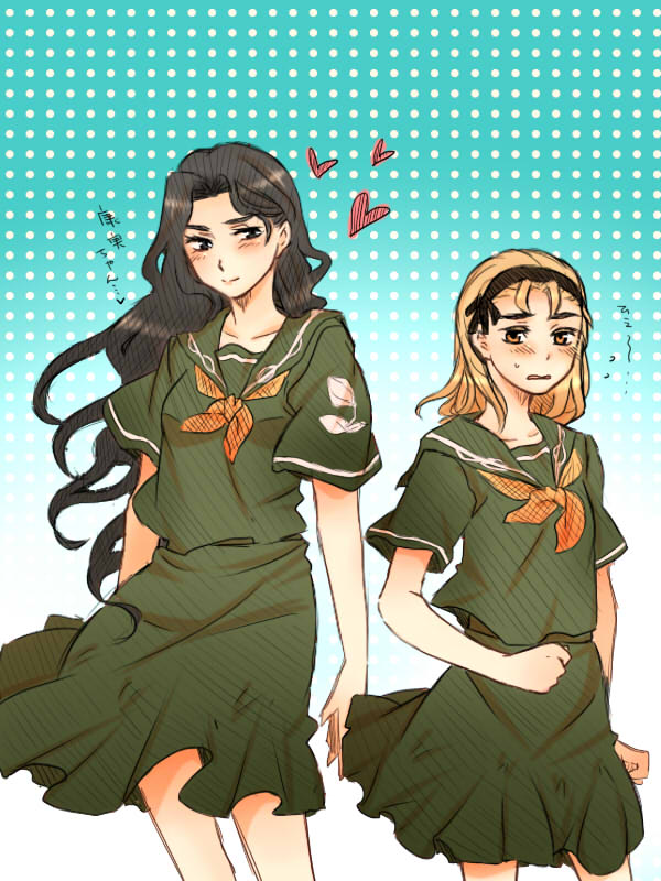 kamiki, hirose koichi, yamagishi yukako, jojo no kimyou na bouken, 2girls, black eyes, black hair, blonde hair, blush, genderswap, genderswap (mtf), hairband, heart, long hair, multiple girls, school uniform, serafuku, sweatdrop, yellow eyes