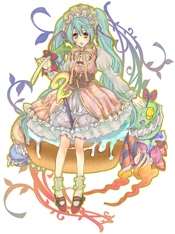 shiba roken, tsuneaki (dosnan), hatsune miku, vocaloid, 1girl, aqua eyes, aqua hair, birthday, cake, dress, female focus, food, frills, hair ribbon, hairband, legs, long hair, macaron, macaroon, pastry, ribbon, shoes, short dress, sitting, socks, solo, spring onion, twintails