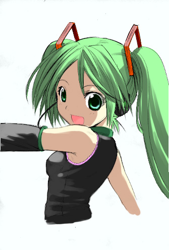 seigo tokiya, tokiya seigo, hatsune miku, vocaloid, lowres, 1girl, close-up, detached sleeves, female focus, green eyes, green hair, long hair, looking back, matching hair/eyes, solo, twintails, very long hair