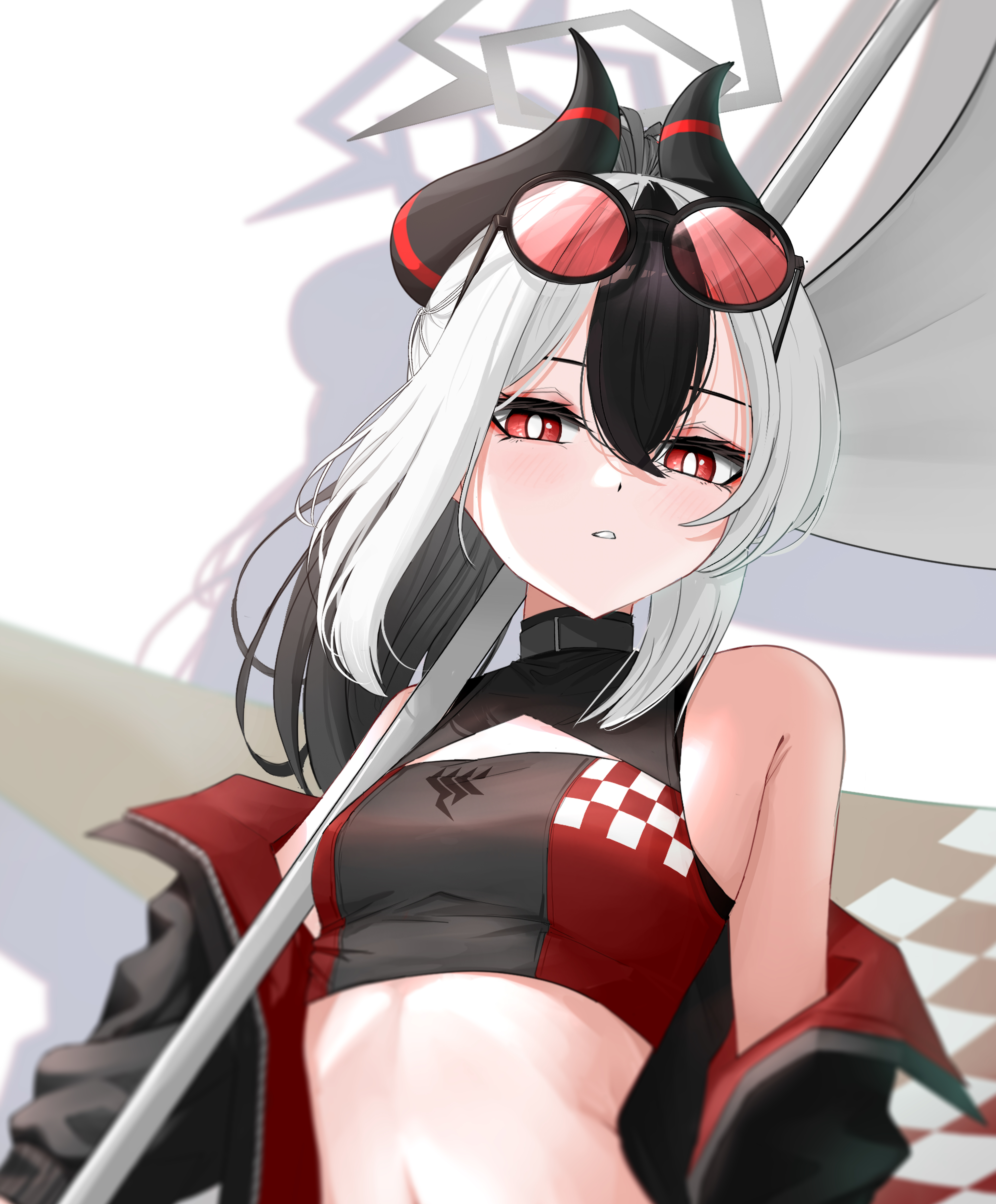 hit by hit, kayoko (blue archive), blue archive, absurdres, commentary, highres, 1girl, bare shoulders, black hair, black horns, black jacket, black sports bra, breasts, bright pupils, double-parted bangs, eyewear on head, grey halo, hair between eyes, halo, horns, jacket, long hair, looking at viewer, midriff, multicolored hair, navel, off shoulder, open clothes, open jacket, parted lips, red eyes, small breasts, solo, sports bra, sunglasses, two-tone hair, upper body, white hair, white pupils