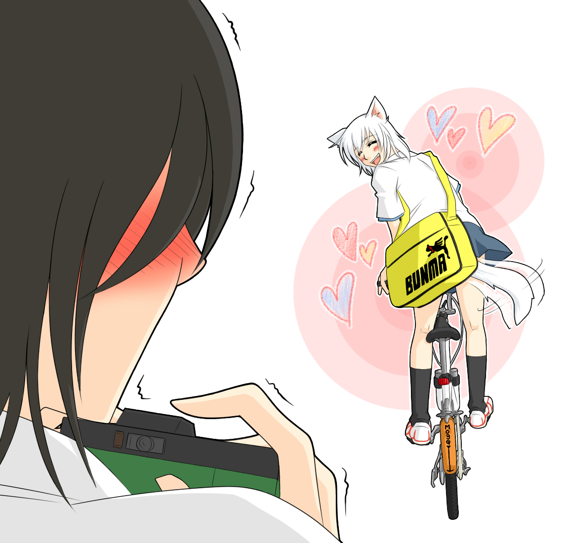 neko majin, inubashiri momiji, shameimaru aya, touhou, 2girls, animal ears, bicycle, black hair, blush, camera, female focus, multiple girls, short hair, tail, tail wagging, wolf ears, wolf tail
