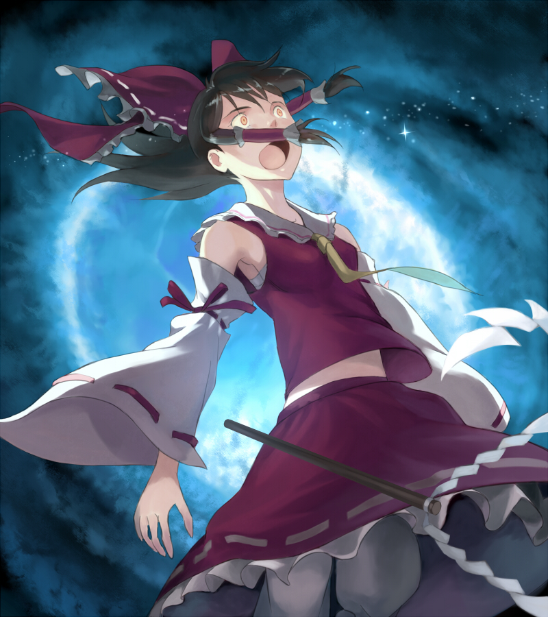 penpen (penpen1942), hakurei reimu, touhou, bad id, bad pixiv id, 1girl, bow, brown hair, detached sleeves, female focus, gohei, japanese clothes, miko, short hair, solo
