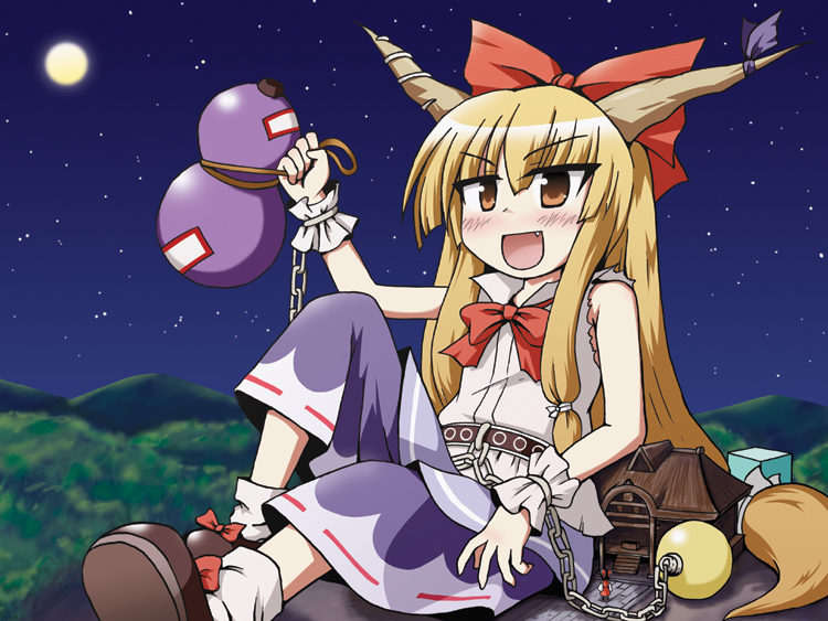 kousei (public planet), publicplanet, hakurei reimu, ibuki suika, touhou, 2girls, blonde hair, chain, female focus, giant, giantess, horns, japanese clothes, long hair, miko, multiple girls, ribbon