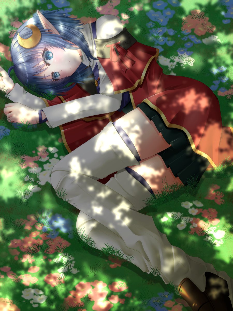 yue (kitami maki), rena lanford, star ocean, star ocean: the second story, highres, 1girl, blue eyes, blue hair, cape, closed mouth, crescent, crescent hair ornament, feet out of frame, flower, grass, hair ornament, looking at viewer, outdoors, pointy ears, red cape, short hair, skirt, smile, solo, thighhighs