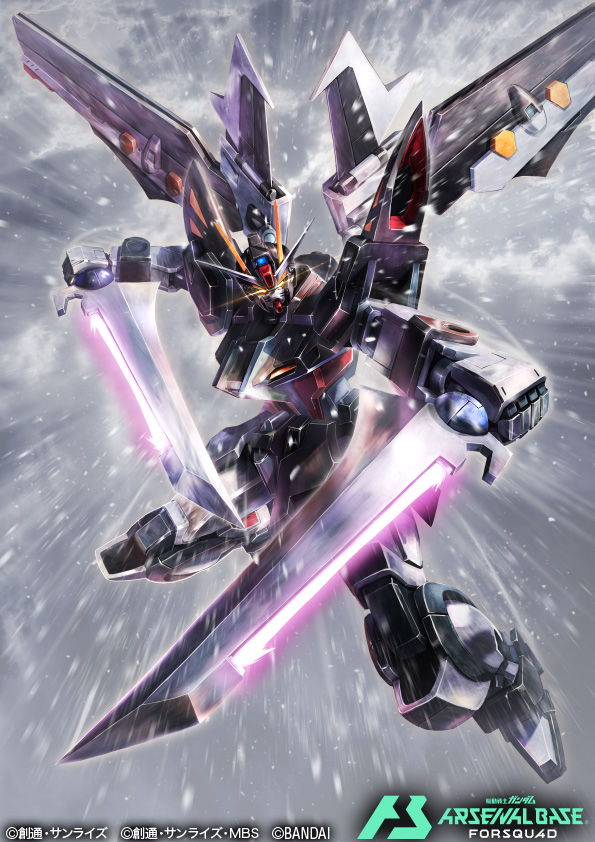 hukutuuprunes, strike noir, gundam, gundam arsenal base, gundam seed, gundam seed c.e. 73: stargazer, commentary request, official art, anti-ship sword, beam weapon, card (medium), company name, copyright logo, copyright name, copyright notice, dual wielding, holding, holding sword, holding weapon, logo, mecha, mecha focus, mobile suit, no humans, robot, science fiction, solo, sword, v-fin, weapon, yellow eyes