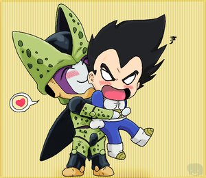 cell (dragon ball), vegeta, dragon ball, dragonball z, lowres, blush, chibi, heart, hug, spoken heart