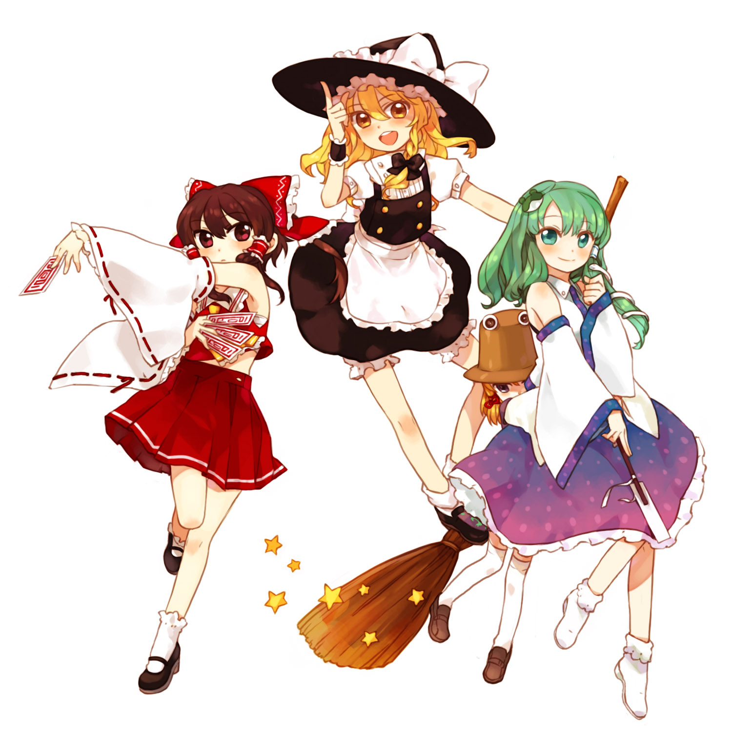 gwayo, gwayom, hakurei reimu, kirisame marisa, kochiya sanae, moriya suwako, touhou, highres, 4girls, blonde hair, blue eyes, bow, braid, broom, brown hair, detached sleeves, female focus, frog, green eyes, green hair, hair ornament, hat, japanese clothes, mary janes, miko, multiple girls, red eyes, shoes, short hair, snake, thighhighs, witch, witch hat, yellow eyes