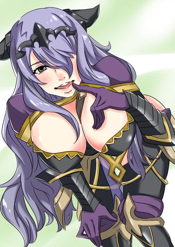 camilla (fire emblem), takumi (fire emblem), fire emblem, fire emblem fates, nintendo, 1girl, between breasts, breasts, cleavage, finger to mouth, hair over one eye, hand on own thigh, large breasts, leaning forward, long hair, looking at viewer, nonnyakonyako, one eye covered, purple eyes, purple hair, simple background, solo, strap between breasts, tiara, wavy hair