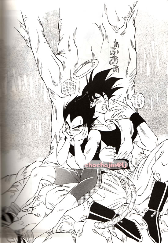 son goku, vegeta, dragon ball, dragonball z, 2boys, greyscale, halo, monkey tail, monochrome, multiple boys, tail, tree