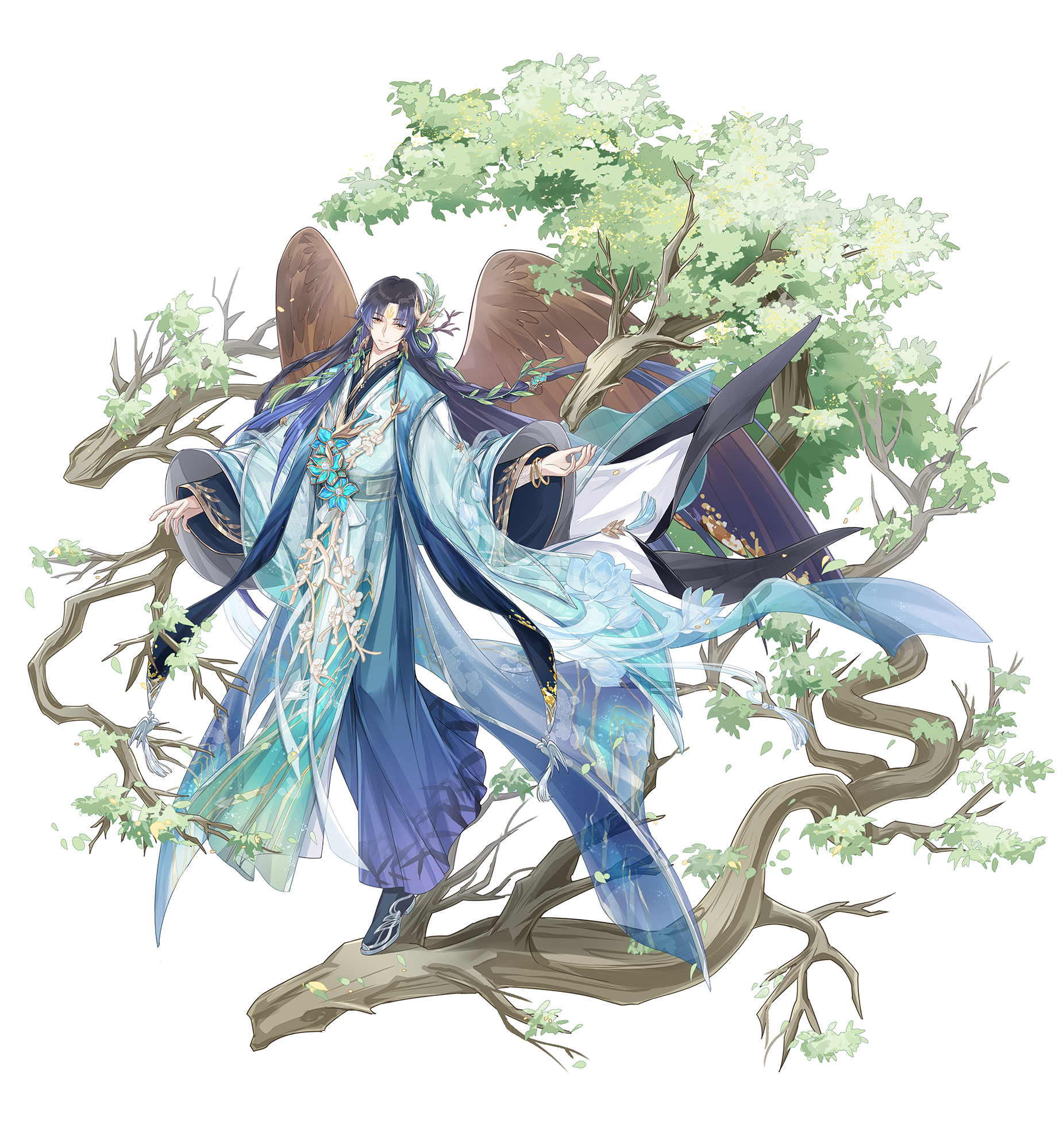 wei qing jun, swallow bun (the tale of food), the tale of food, highres, official art, 1boy, alternate costume, aqua robe, bamboo print, black boots, black hair, blue flower, blue hair, blue scarf, boots, bracelet, braid, brown wings, chinese clothes, closed mouth, curtained hair, earrings, facial mark, feathered wings, flower, flower ornament, forehead mark, full body, gold trim, gradient clothes, gradient hair, gradient robe, green sash, hair ornament, hair stick, hanfu, in tree, jewelry, layered sleeves, leaf earrings, leaf hair ornament, long hair, long sleeves, looking at viewer, lotus, male focus, multicolored hair, multicolored robe, parted bangs, print robe, robe, sash, scarf, see-through clothes, side braids, sidelocks, simple background, smile, solo, standing, stole, tassel, tree, wide sleeves, wings, yellow eyes