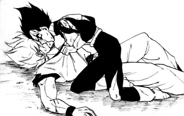 son goku, vegeta, dragon ball, dragonball z, jpeg artifacts, 2boys, greyscale, kiss, male focus, monochrome, multiple boys, super saiyan, white background, yaoi