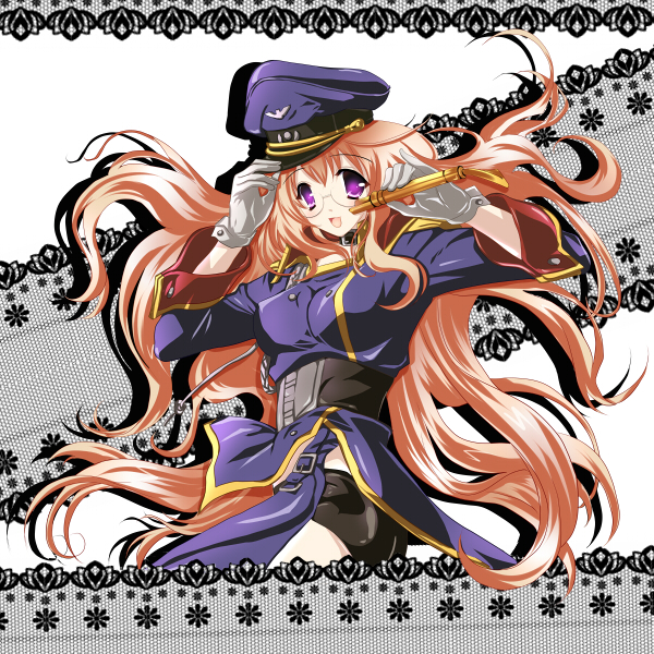 rika-tan (rikatantan), endou aya, sheryl nome, takara miyuki, lucky star, macross, macross frontier, bad id, bad pixiv id, adjusting clothes, adjusting headwear, cosplay, glasses, gloves, hat, long hair, pink hair, purple eyes, sheryl nome (cosplay), solo, voice actor connection, whistle