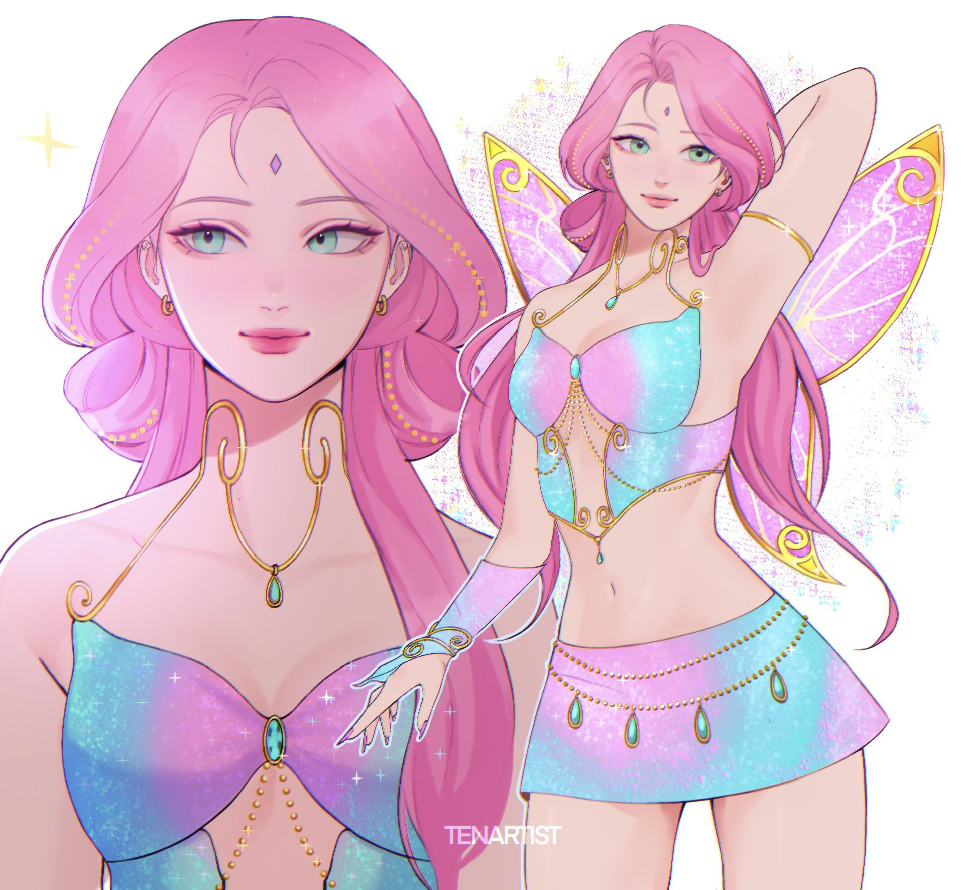 tenartistt, haruno sakura, naruto (series), winx club, gold armlet, commentary, english commentary, highres, 1girl, alternate costume, alternate hairstyle, aqua gemstone, arm behind head, armlet, armpits, artist name, blue bridal gauntlets, blue shirt, blue skirt, breasts, bridal gauntlets, chain belt, charmix, cleavage, closed mouth, clothing cutout, cowboy shot, crop top, curtained hair, earrings, eyelashes, eyeliner, facial mark, fairy wings, fingernails, forehead mark, gem, glint, glitter, gold earrings, gold necklace, gold trim, green eyes, hair over shoulder, hair rings, jewelry, light smile, long fingernails, long hair, looking ahead, looking to the side, makeup, miniskirt, multiple views, necklace, outline, pink bridal gauntlets, pink eyeliner, pink hair, pink lips, pink nails, pink shirt, pink skirt, pink wings, shirt, skirt, spaghetti strap, sparkle, two-tone bridal gauntlets, two-tone shirt, two-tone skirt, underboob cutout, upper body, white background, white outline, wings