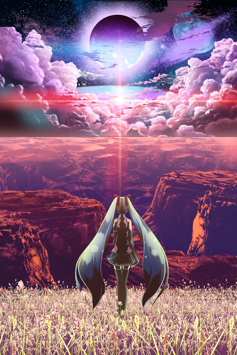 yonasawa, hatsune miku, vocaloid, highres, 1girl, aqua hair, detached sleeves, female focus, long hair, nature, necktie, outdoors, planet, scenery, skirt, sky, solo, sunset, thighhighs, twintails, very long hair, zettai ryouiki