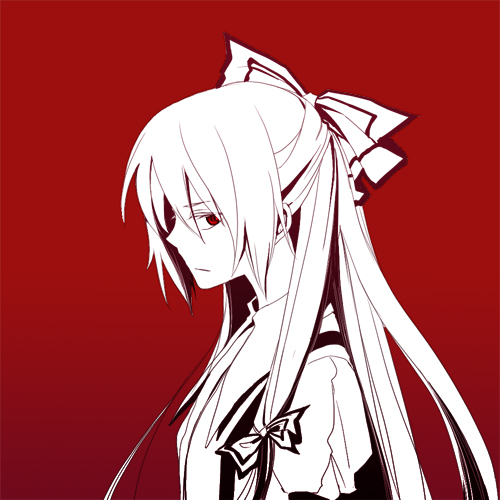 fujiwara no mokou, touhou, artist request, lowres, 1girl, annoyed, bow, female focus, gradient background, hair bow, hair ribbon, long hair, monochrome, red eyes, red theme, ribbon, shirt, solo, spot color