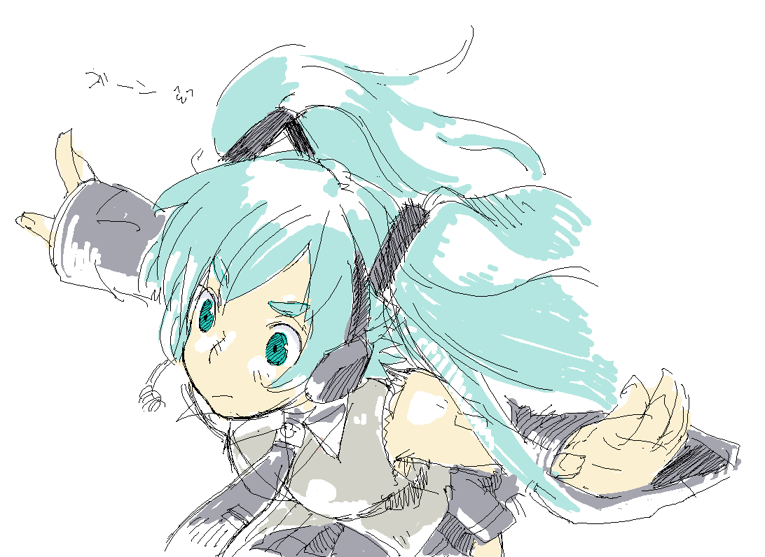 inumonaka, hatsune miku, vocaloid, blue hair, green eyes, oekaki, outstretched arms, sketch, solo, spread arms