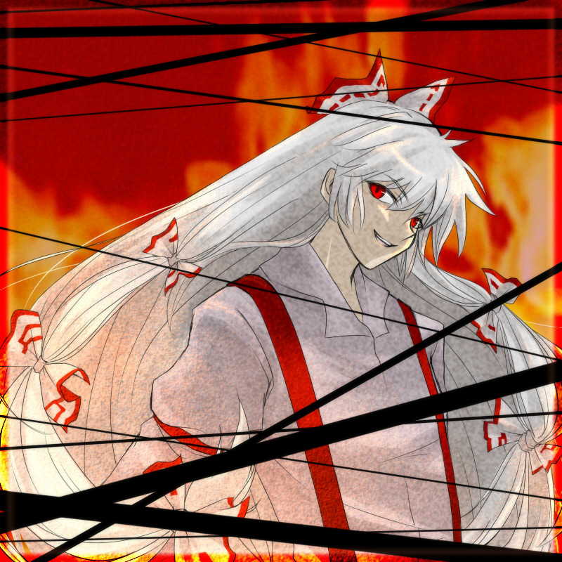 takashina, fujiwara no mokou, touhou, silver hair, artist request, bad id, bad pixiv id, 1girl, bow, female focus, fire, hair bow, hair ribbon, long hair, multiple hair bows, open mouth, red eyes, ribbon, shirt, smile, solo, suspenders, very long hair, white shirt