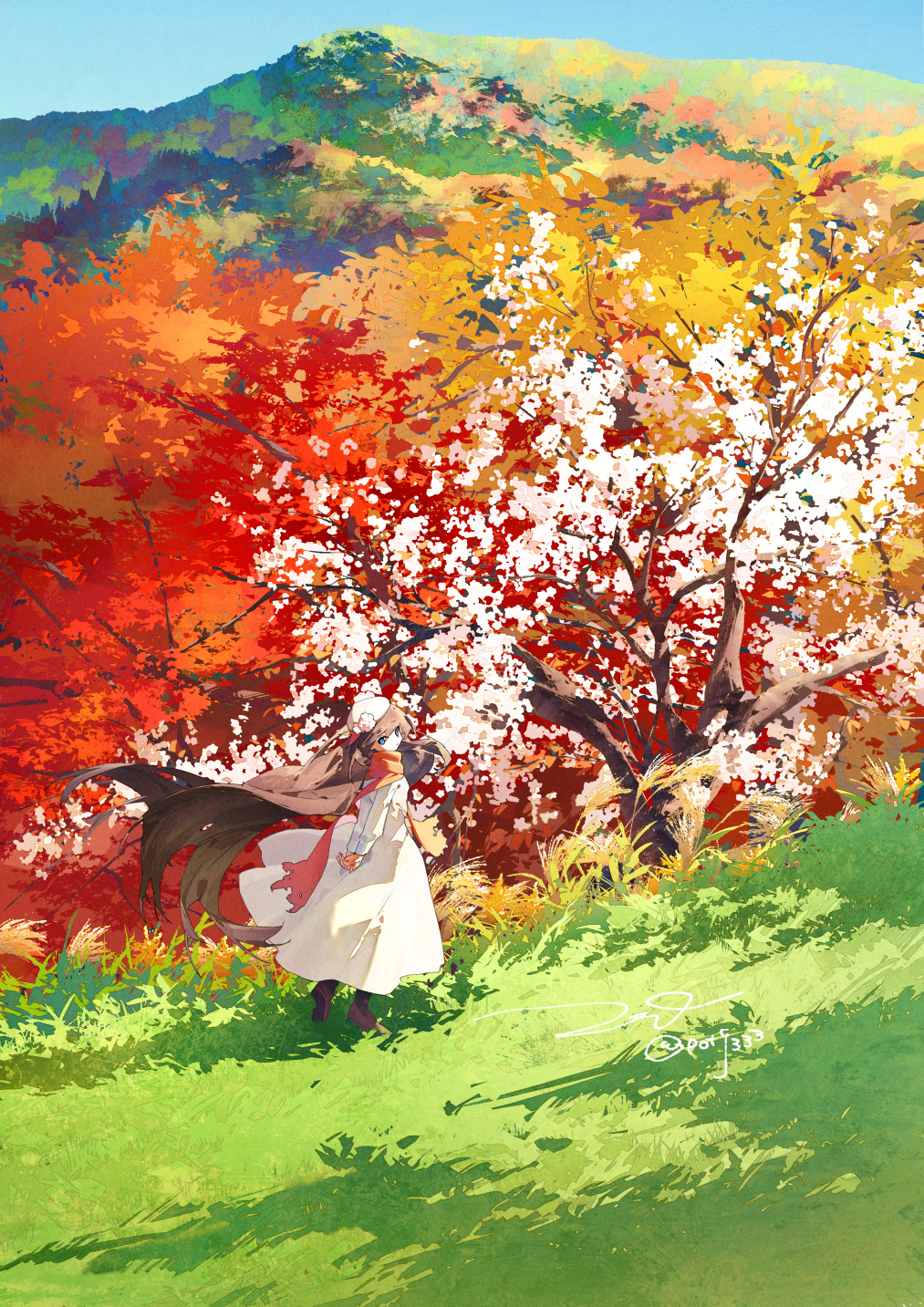 potg (piotegu), original, commentary request, highres, 1girl, autumn, brown hair, brown shoes, closed mouth, day, dress, grass, hat, long hair, long sleeves, nature, outdoors, scenery, shoes, signature, solo, standing, tree, white dress, white hat