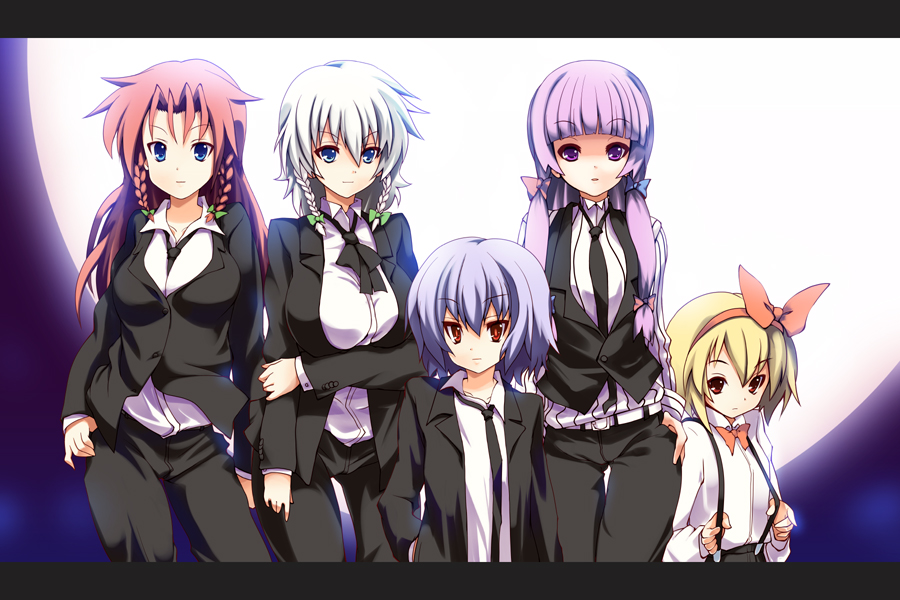 sora to umi, flandre scarlet, hong meiling, izayoi sakuya, patchouli knowledge, remilia scarlet, embodiment of scarlet devil, touhou, 5girls, alternate costume, blonde hair, braid, contemporary, female focus, formal clothes, multiple girls, pant suit, pants, purple hair, suit, tuxedo, twin braids