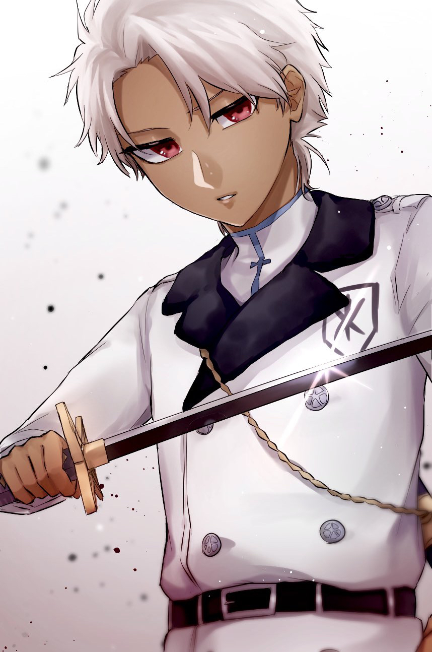 1046sstep btoh, hitsugaya toushirou, bleach, bleach: sennen kessen-hen, commentary request, highres, 1boy, blurry, coat, dark-skinned male, dark skin, glint, holding, holding sword, holding weapon, male focus, official alternate skin color, red eyes, solo, sword, upper body, wandenreich uniform, weapon, white coat, white hair, zombie (bleach)