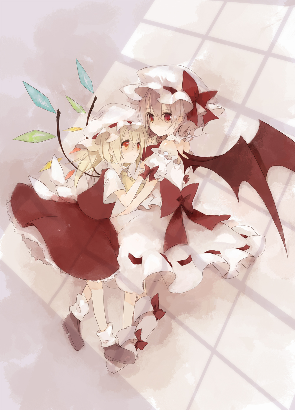 fujiyama, rin (artist), flandre scarlet, remilia scarlet, touhou, bad id, bad pixiv id, highres, 2girls, bat wings, blonde hair, female focus, hat, mob cap, multiple girls, red eyes, ribbon-trimmed skirt, ribbon trim, short hair, siblings, side ponytail, sisters, socks, wings